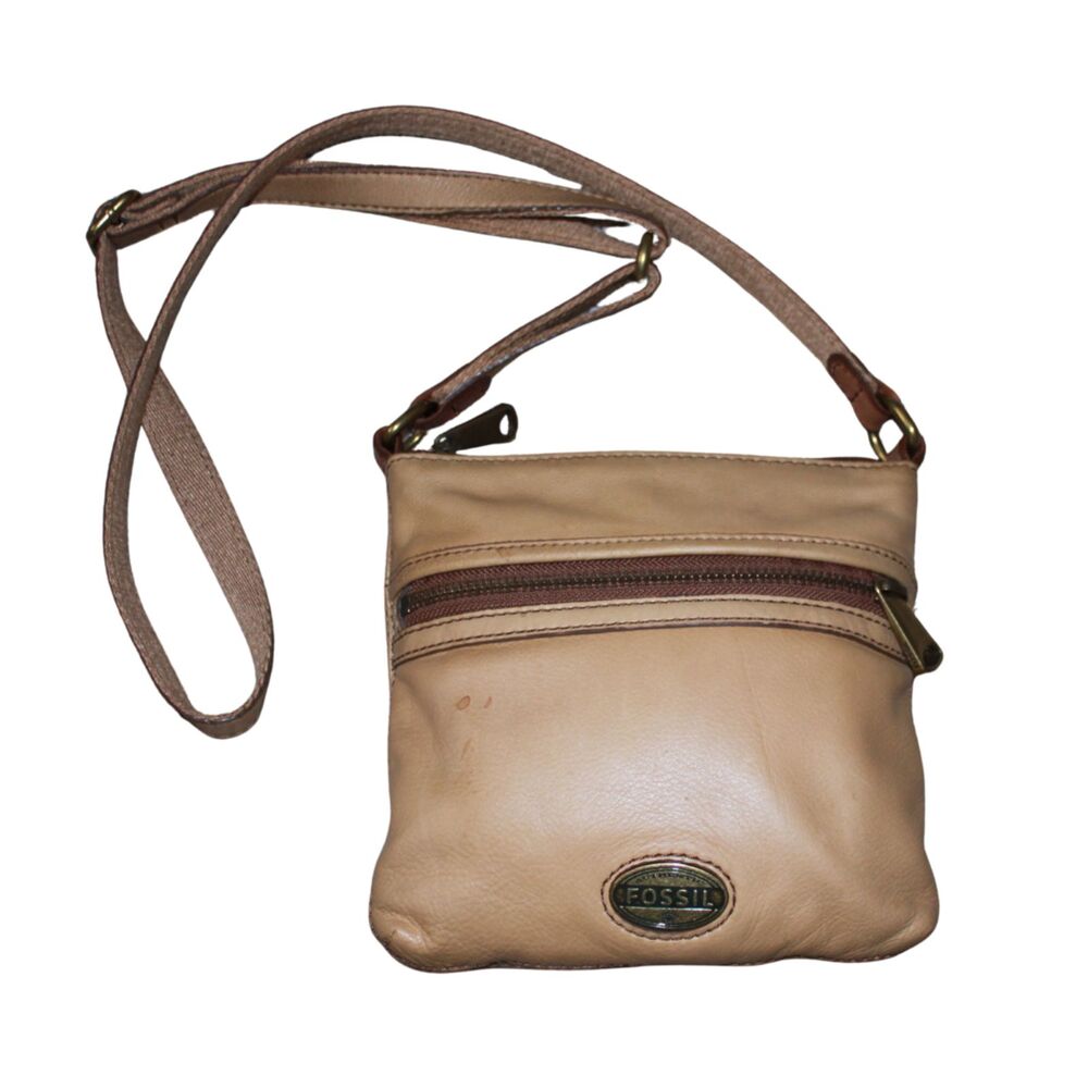 Fossil Tan Leather Small Crossbody Bag Front Zip Adjustable Strap